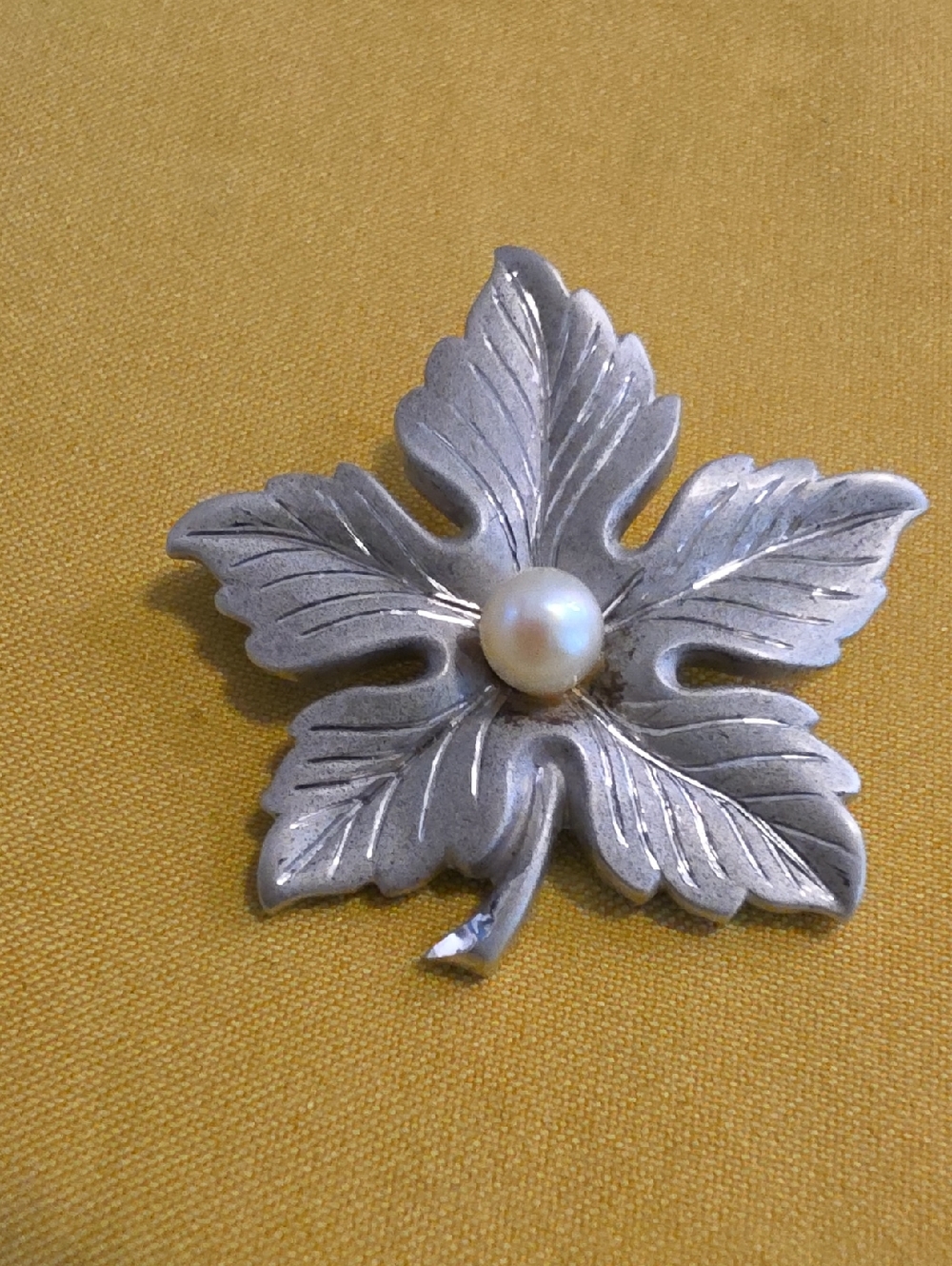 Vintage Maple Leaf Style Brooch Marked Sterling with a Central Faux Pearl